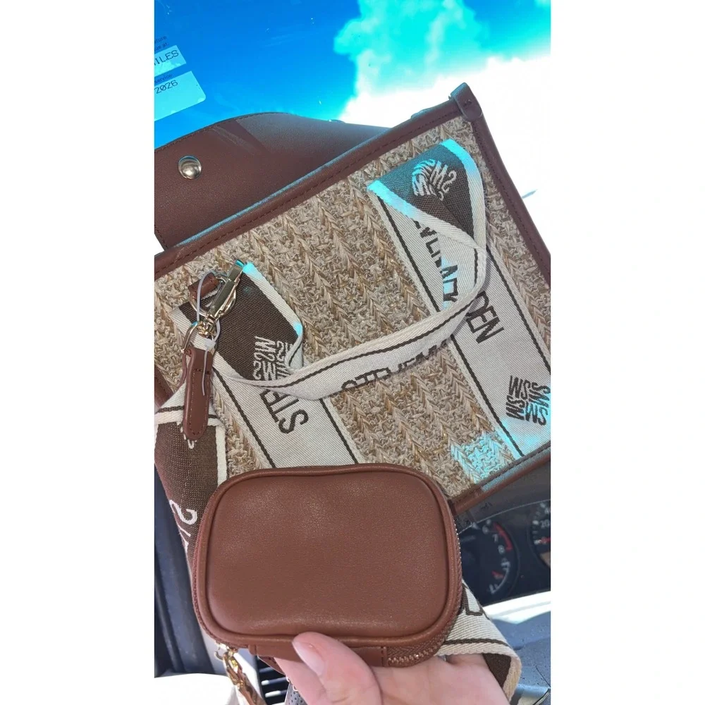 Steve Madden BWEBER-S Straw Satchel Natural Cognac Logo Crossbody Bag DT518162